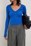 Women's Basic V-Neck Long Sleeve T-Shirt, Ribbed Camisole Fabric Blouse - 3