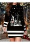 Women's Long Sleeve Crew Neck Snowman Print Diver Christmas Dress - 3
