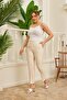 Plus Size Cream Fabric Trousers with Elastic Waist and Slit Detail - 5