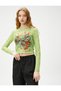 Crop T-Shirt Long Sleeve Tulle Printed Crew Neck - 3