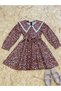 Long Sleeve Vintage Big Collar Brown Floral Flared Girl's Dress - 4