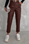 Leather Pants with Carotton Button Belt-Brown - 5