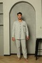 Sude Men's Poplin Grey Piped Long Sleeve Full-Length Buttoned Knit Pajama Set - 3