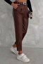 Leather Pants with Carotton Button Belt-Brown - 4