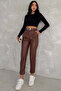 Leather Pants with Carotton Button Belt-Brown - 7