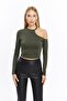 Women's Khaki Shoulder Detailed Crop Blouse