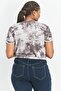 Women Round Neck Cuffed Sleeve Tie Dye Cropped Top, Grey - 3