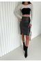 Women's Black Laced Waist Slit Pencil Leather Skirt 62 cm - 4
