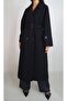 Women's Black Crossed Reglan Sleeve Lined Long Spoon Coat Manto Yy 101167 - 2