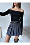 Charcoal Fully Pleated Belted Lined Mini Skirt with Shorts for Women - 2