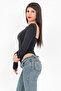 Women's Black Low-Cut Long Sleeve Stretchy Bodysuit with Snap Fasteners - 2440