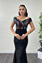 Evening Dress with Sequined Top and Crepe Bottom - Black - 4