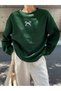 Women's Nefti Green Mini Ribbon Printed Crew Neck Oversize Sweatshirt - 2