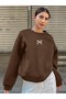 Women's Brown Mini Ribbon Printed Crew Neck Oversize Sweatshirt