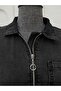 Half Zipper Waist Tie Pocket Denim Dress -Black - 3