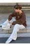 Women's Brown Mini Ribbon Printed Crew Neck Oversize Sweatshirt - 3