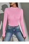 Women's Pink Elasticated Handkerchief Hem Overlock Round Neck Long Sleeve Blouse