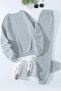 Women's Gray Heart Patterned Cotton Tracksuit Set - Oversize Crew Neck - 2