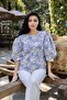 Blue Pastel Floral Loose Cut Balloon Sleeve Blouse