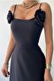 Black Atlas Fabric Strapless Neckline Black Rose Accessory Detailed Design Strap Maxi Dress 258 - 2