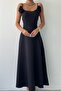 Black Atlas Fabric Strapless Neckline Black Rose Accessory Detailed Design Strap Maxi Dress 258