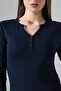 Lycra Ribbed Fabric Long Sleeve Blouse with Buttons on Collar 21926 Dark Blue - 2