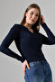 Lycra Ribbed Fabric Long Sleeve Blouse with Buttons on Collar 21926 Dark Blue - 3