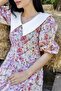 Orange Pastel Floral Balloon Sleeve Flared Dress with Collar - 4