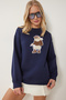 Women's Navy Blue Teddy Bear Embroidered Embossed Knitted Sweatshirt We00001