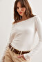 Women's Plain Ecru Striped Premium Soft Touch Boat Neck Stretchy Blouse Blz- 19002448 - 4