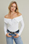 Women's Ecru Zipper Madonna Collar Blouse Ey2559