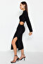 Siyah Cut Out Detaylı Shift/Düz Kesim Midi Örme Elbise TPRAW24EL00297 - 3