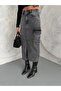 Front Slip Washed Denim Skirt with Cargo Pocket