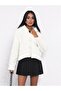 White Hooded Button Detailed Lined Plush Coat - 3
