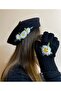 New Year's Gift Handmade Daisy Floral Processing Black Painter Beret with Fingers Cut Out Gloves Set of 2