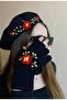 New Year's Gift Handmade Red Floral Processing Black Painter Beret with Fingers Cut Out Gloves Set of 2