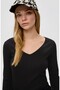 Women's Black V-Neck Long Sleeve T-Shirt & Blouse, Ribbed Camisole Fabric - 2
