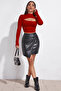 Kadın Kırmızı Göğüs Dekolteli Uzun Kollu Cut Out Crop Top Bluz - 3