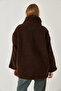 Women's Bitter Brown Leather Stripe Detailed Pocketed Zippered Lined Plush Coat 3125 60261302 - 6