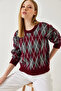 Women's Burgundy Diamond Patterned Shawl Knitwear Sweater 60351320 - 3