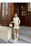 Gold V-Neck Bearded Mini Knitwear Set - Heart Button Cardigan and Elastic Waist Skirt - 6