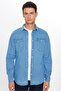 Men's Slim Fit Slim Fit Long Sleeve Double Pocket Flap Piece Stitching Blue Denim Shirt - 3