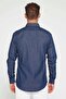Slim Fit Long Sleeve Slim Fit Italian Lapel 4 Seasons Solid Denim Navy Blue Men's Shirt - 5