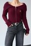Women's Burgundy Degaje Collar Zippered Teddy Bear Embroidered Knitwear Cardigan - 3