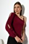 Plum Single Sleeve Chain Detail Crepe Fabric Blouse - 2
