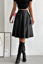 Ribbed Knee Length Full Flexible Flared Leather Skirt-Black - 4