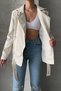 New Season Women's Oversize Pocket Detail Belted Leather Jacket Coat-White