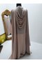 Hijap Pink Powder Color Special Design Satin Stone Detailed Hooded Abaya Ferace Oversize - 6