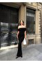 Madonna Collar Long Black Dress with Low Back - 3