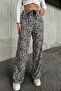Leopard Pattern, Suede Fabric, High Waist, with Elastic Waist Strap, Lace Detail, Genis Break Pant